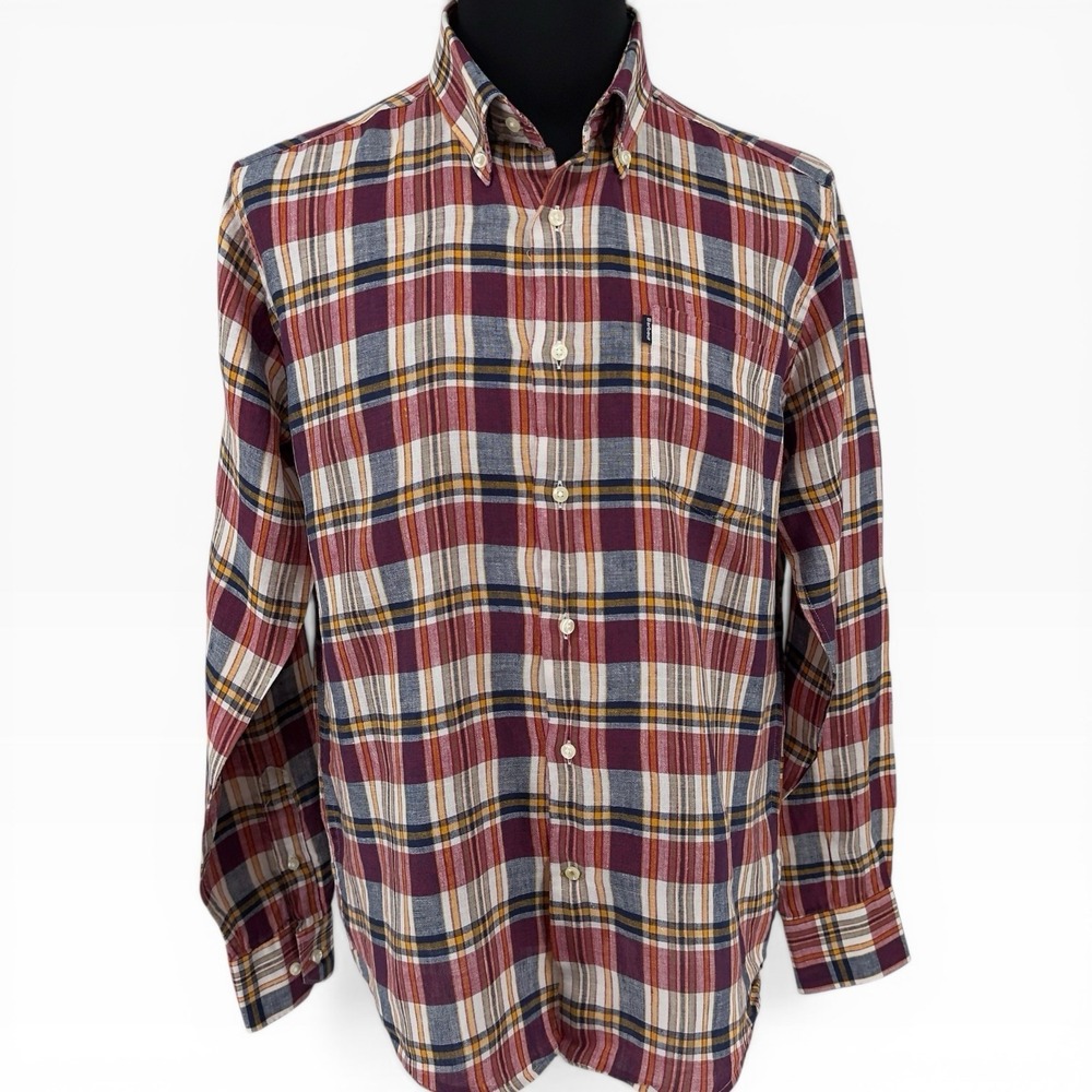 Barbour Tailored Fit Linen Shirt Mens Large Plaid Check Long Sleeve Button Down